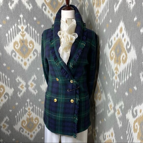 Polo Ralph Lauren Fringed Black Watch Tartan Plaid Double-Breasted Wool Cardigan - Picture 9 of 16